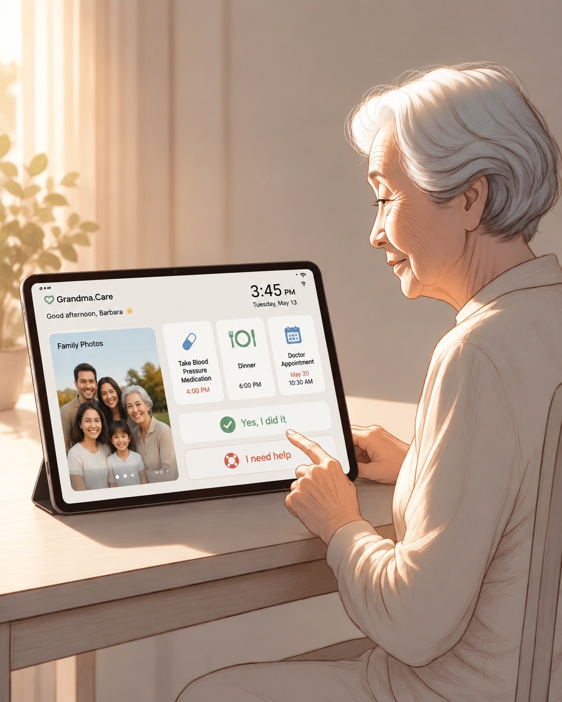 Senior using Grandma.Care tablet app