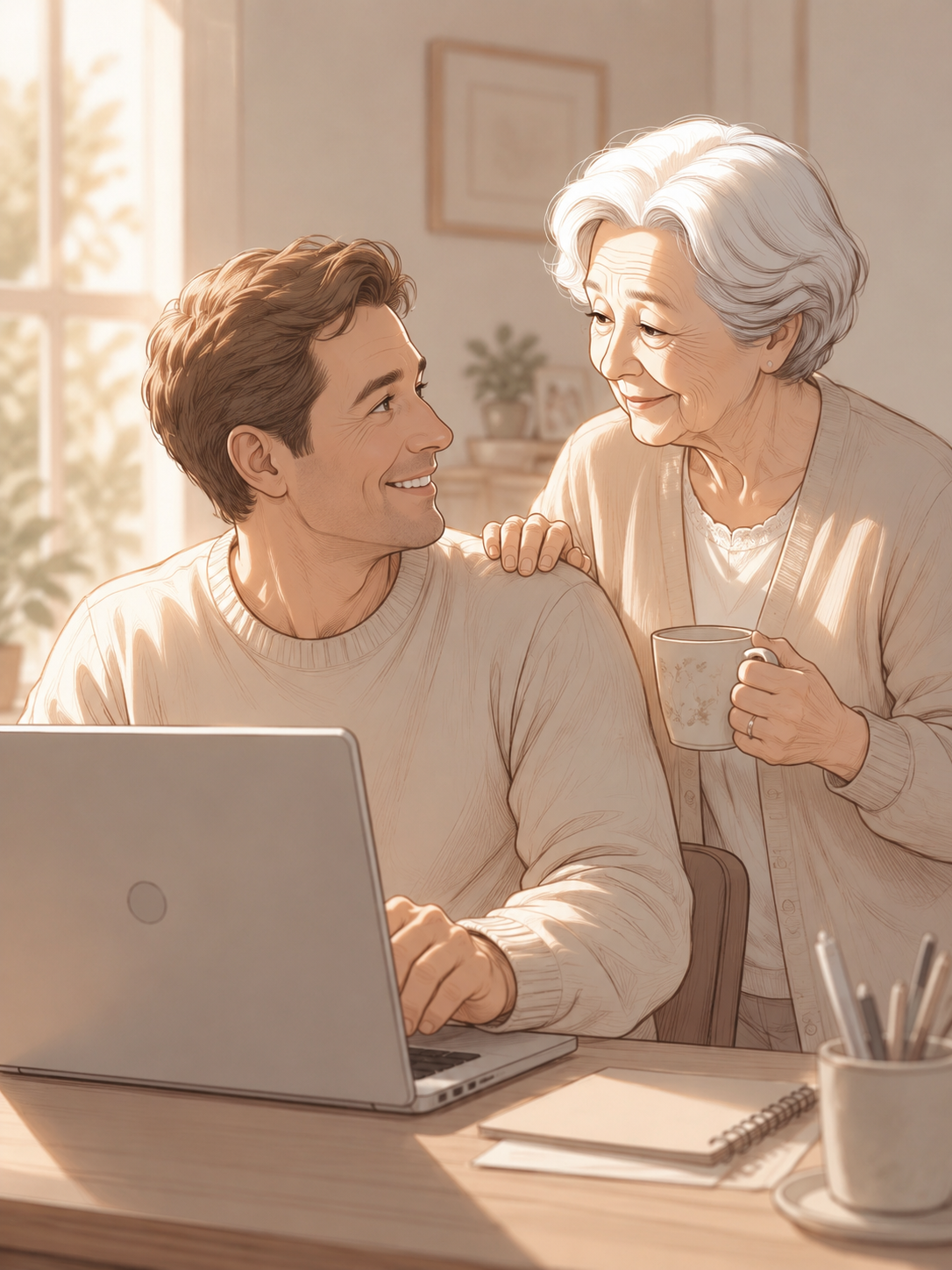 Caregiver helping his mother with technology